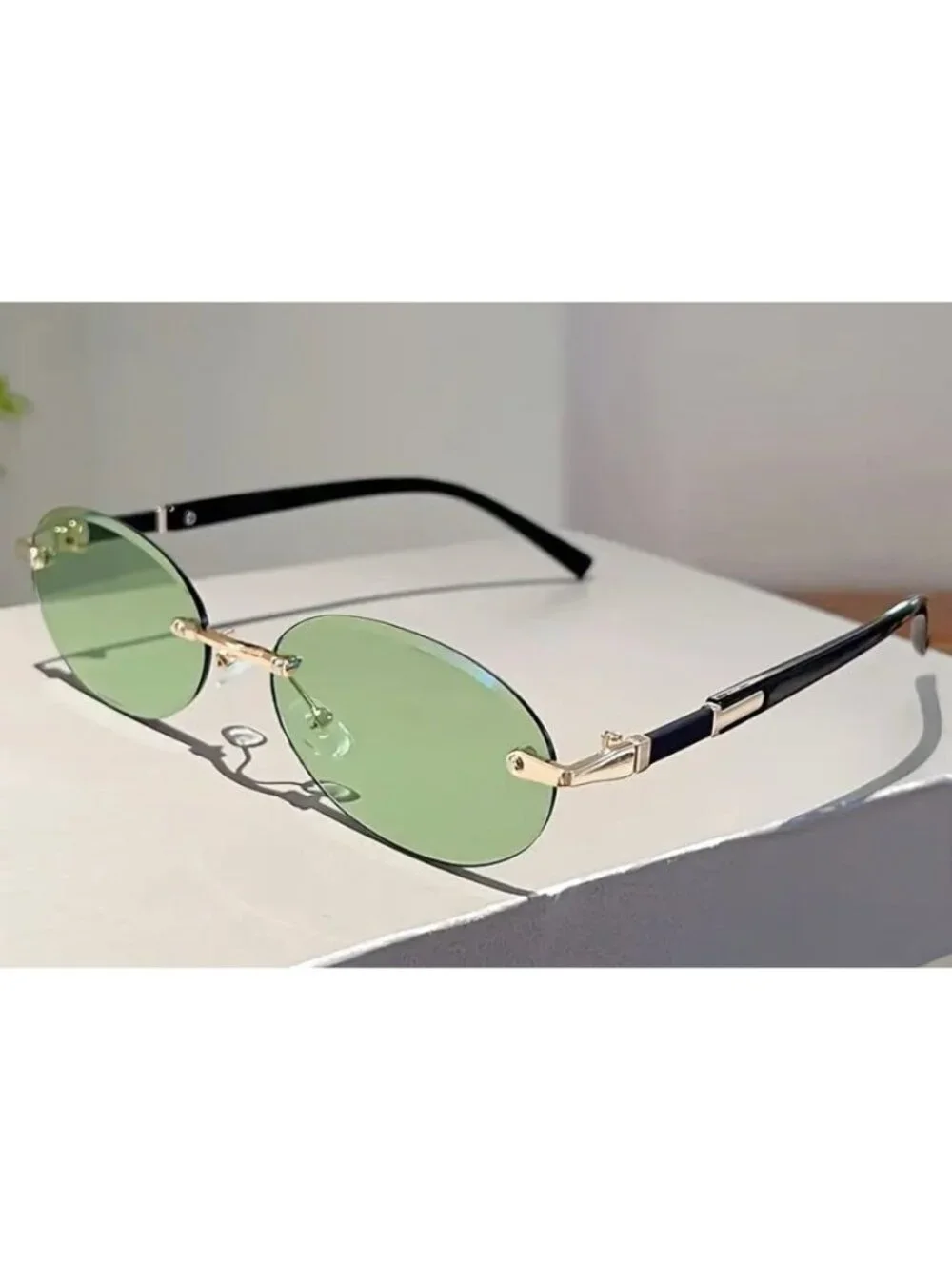 Oval Rimless Green Lens Sunglasses With Gold & Black Metal Frame